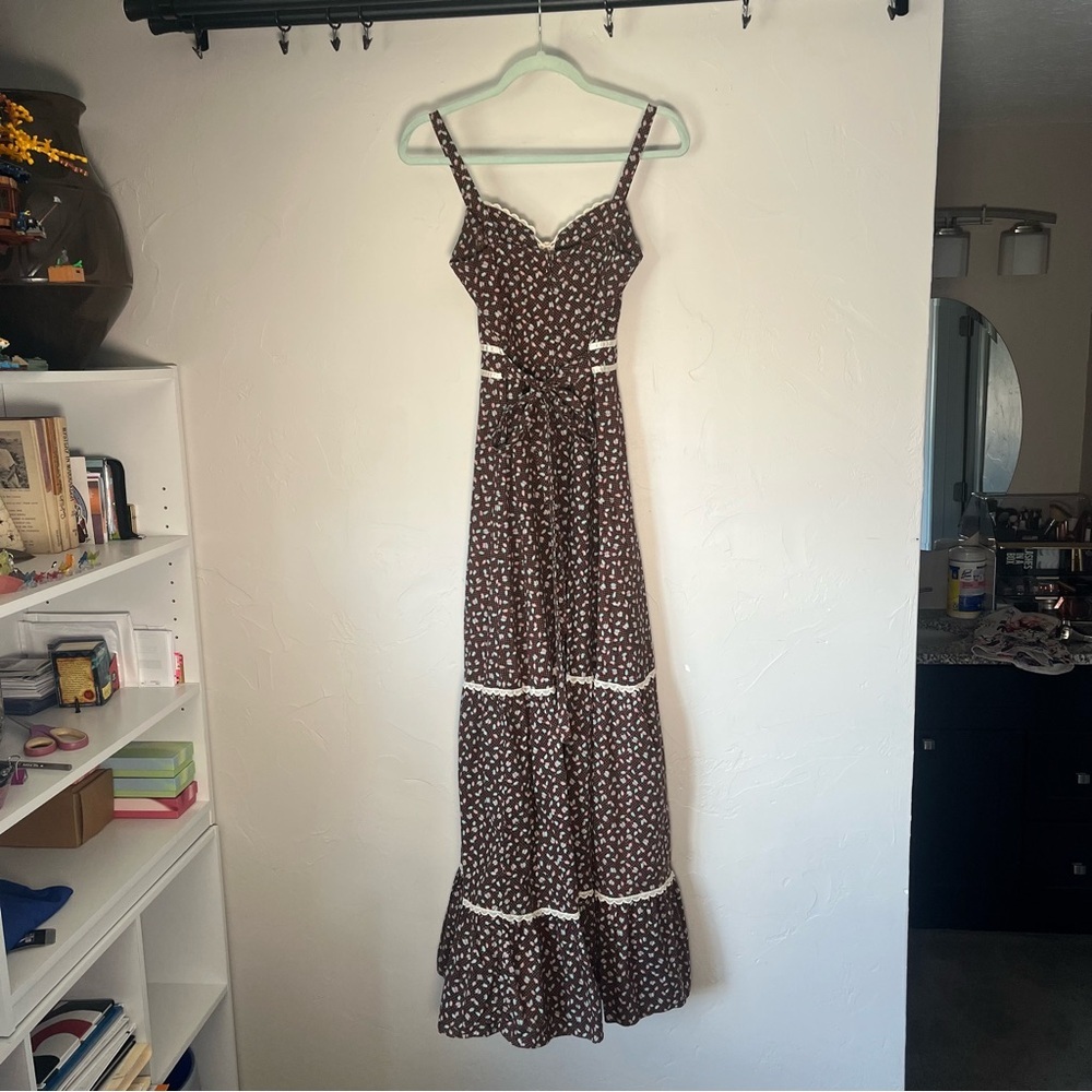 Gunne Sax Prairie Maxi Dress Brown Feather Lace Corset Tie Back Vintage - Picture 2 of 16